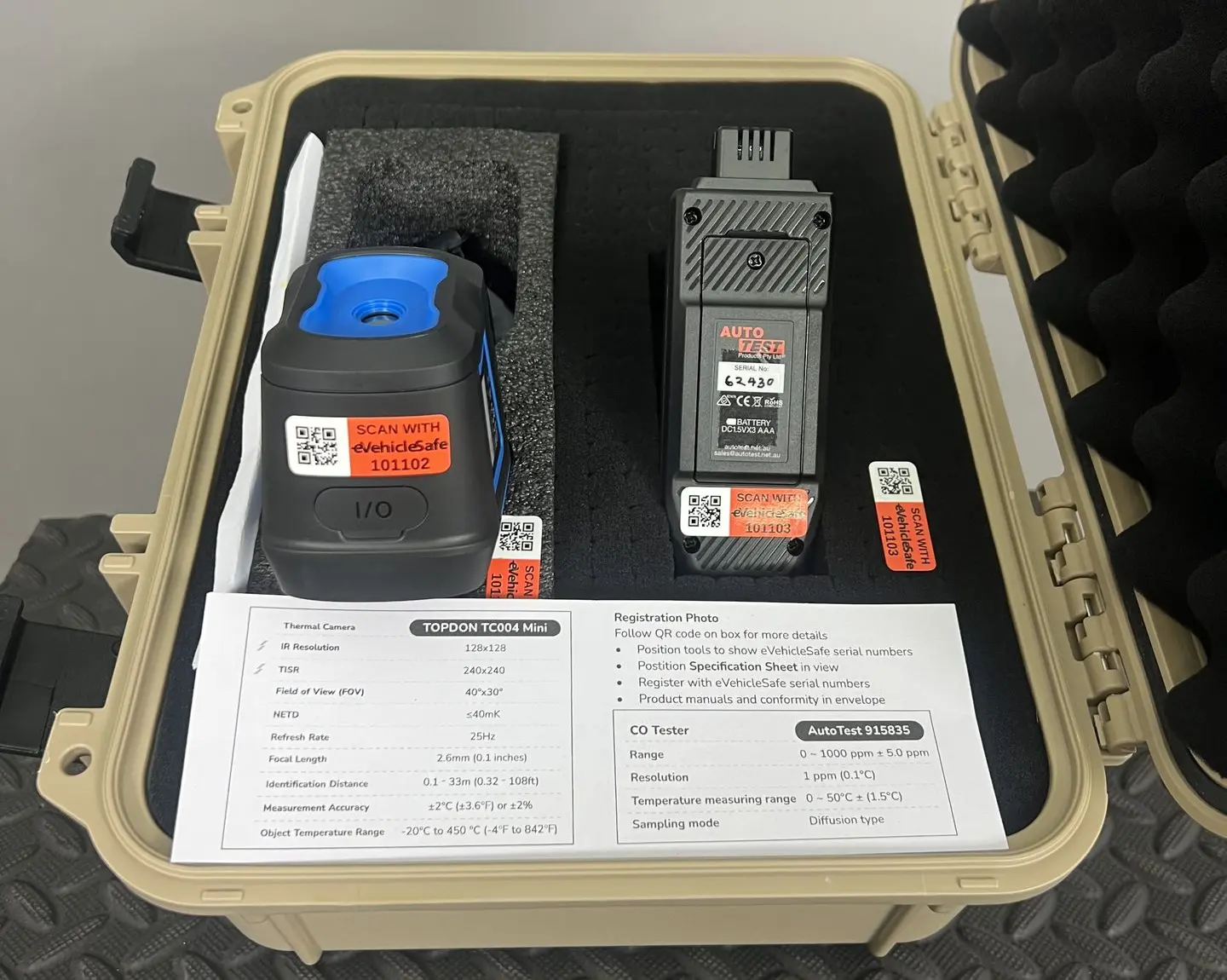 eVehicleSafe pre-inspection kit with thermal camera and carbon monoxide meter